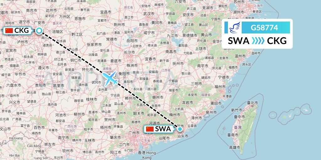 G58774 China Express Airlines Flight Map: Jieyang to Chongqing