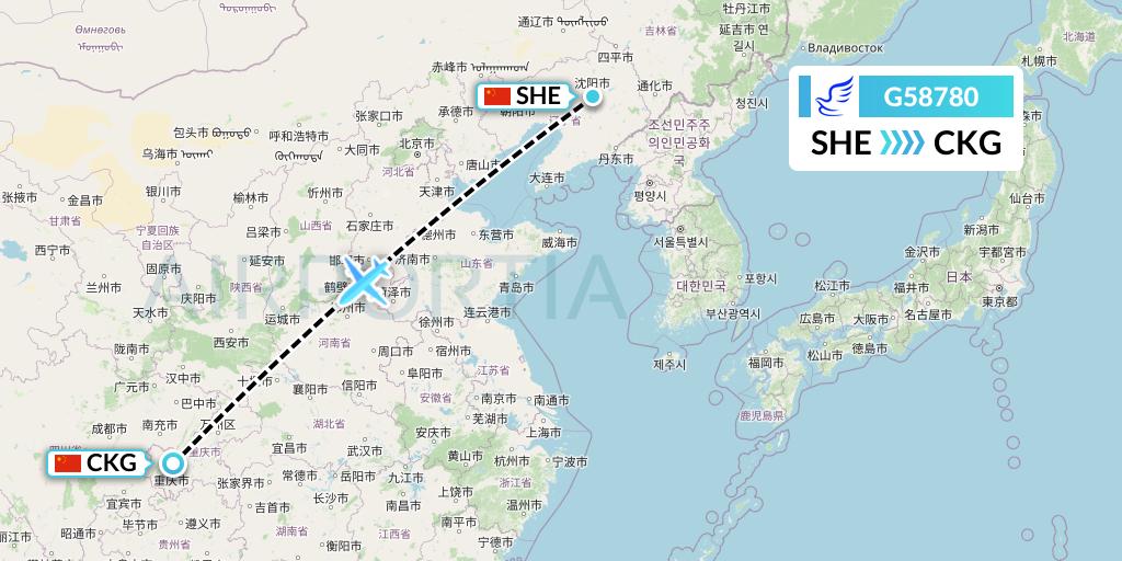 G58780 China Express Airlines Flight Map: Shenyang to Chongqing