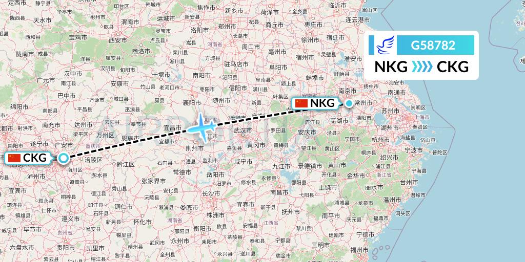 G58782 China Express Airlines Flight Map: Nanjing to Chongqing