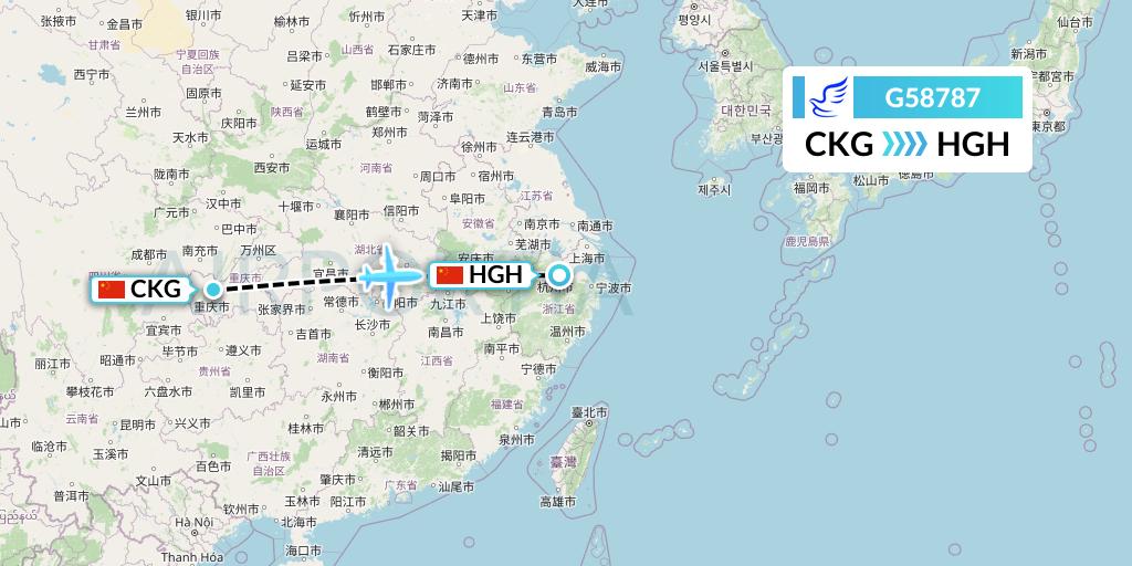 G58787 China Express Airlines Flight Map: Chongqing to Hangzhou