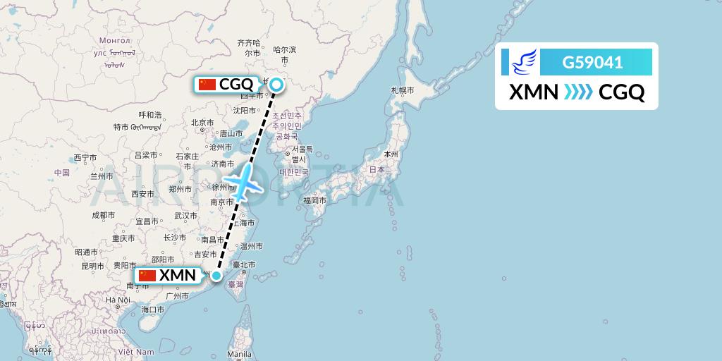 G59041 China Express Airlines Flight Map: Xiamen to Changchun