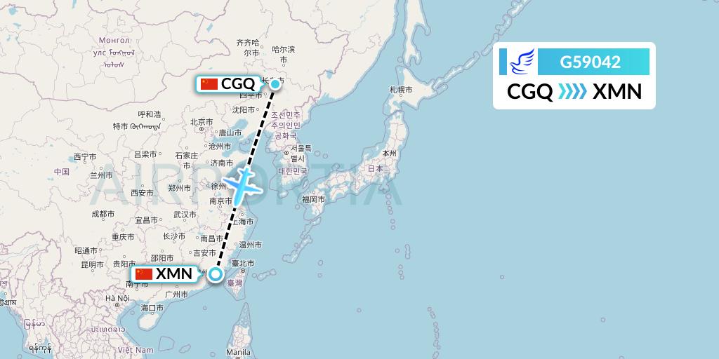 G59042 China Express Airlines Flight Map: Changchun to Xiamen