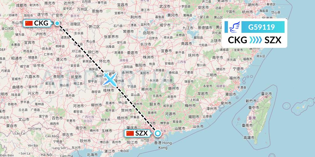 G59119 China Express Airlines Flight Map: Chongqing to Shenzhen