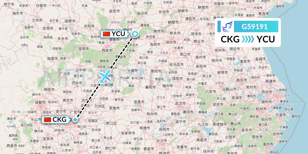 G59191 China Express Airlines Flight Map: Chongqing to Yuncheng
