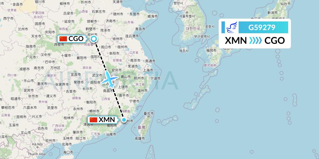 G59279 China Express Airlines Flight Map: Xiamen to Zhengzhou