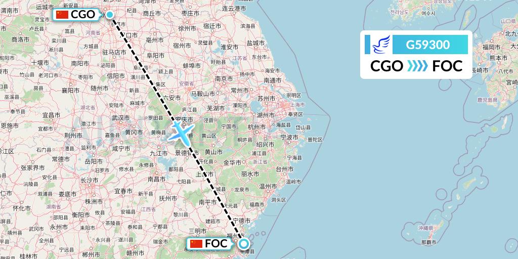 G59300 China Express Airlines Flight Map: Zhengzhou to Fuzhou