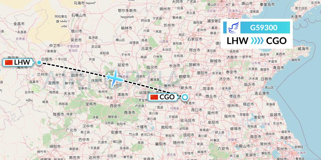G59300 China Express Airlines Flight Map: Lanzhou to Zhengzhou