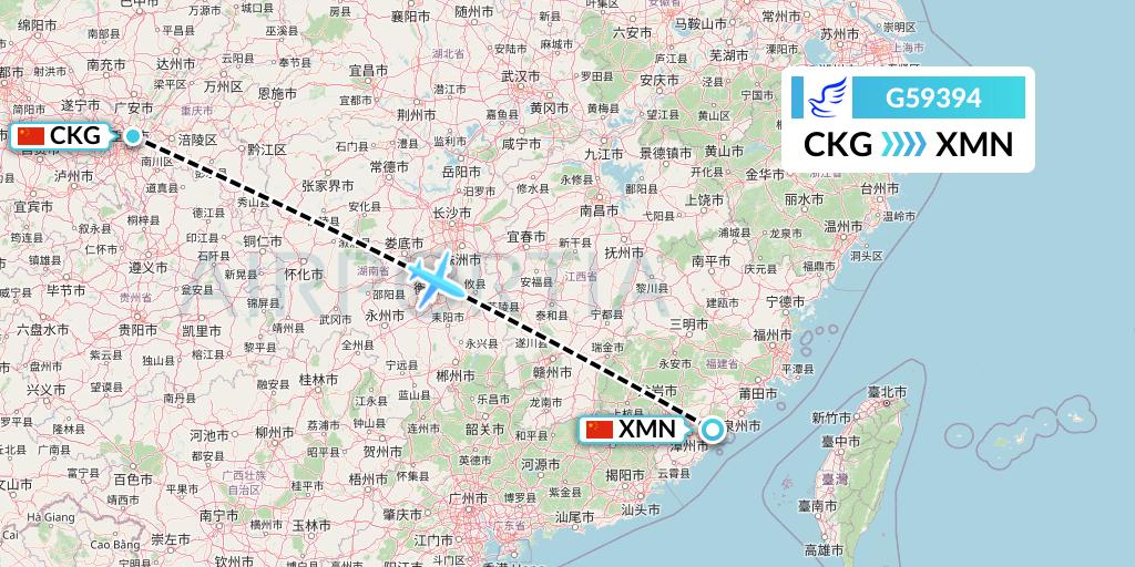 G59394 China Express Airlines Flight Map: Chongqing to Xiamen