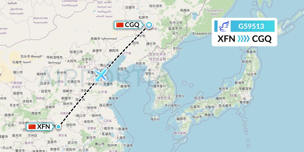 G59513 China Express Airlines Flight Map: Xiangyang to Changchun