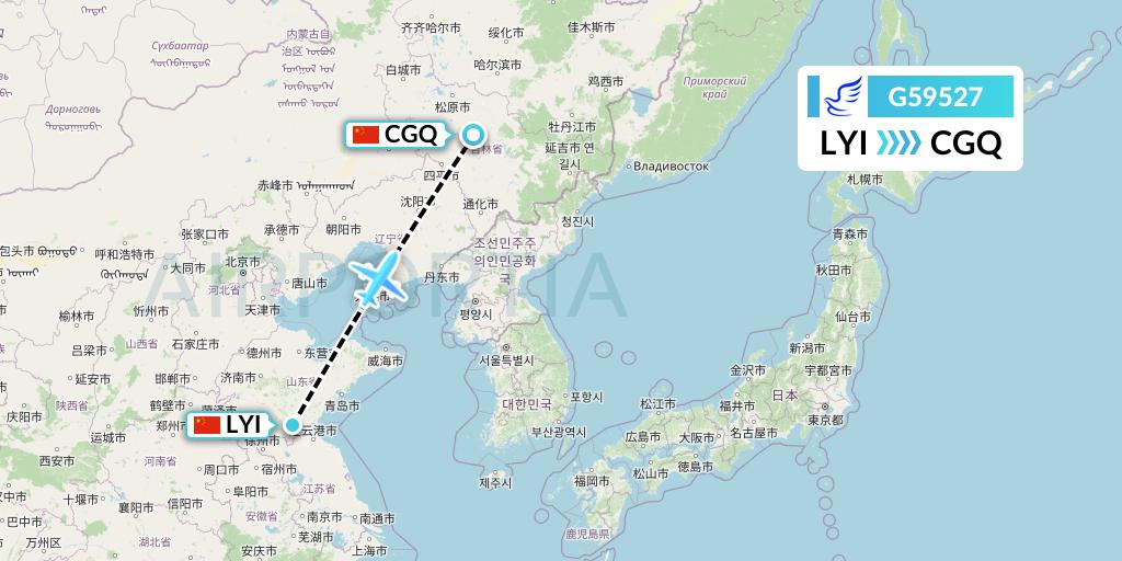 G59527 China Express Airlines Flight Map: Linyi to Changchun