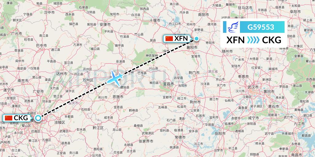 G59553 China Express Airlines Flight Map: Xiangyang to Chongqing