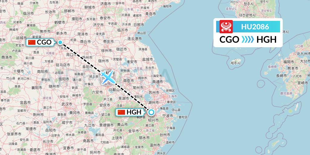 HU2086 Hainan Airlines Flight Map: Zhengzhou to Hangzhou