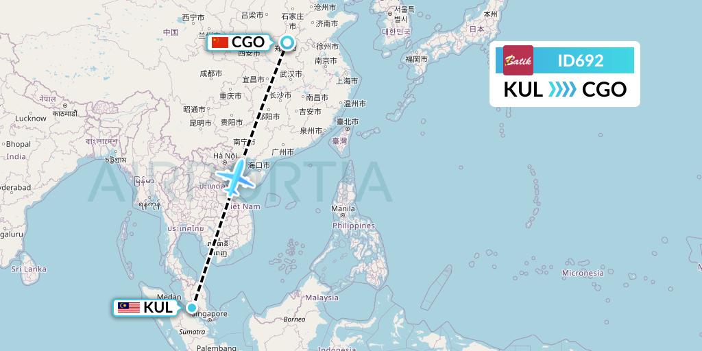 ID692 Batik Air Flight Map: Kuala Lumpur to Zhengzhou