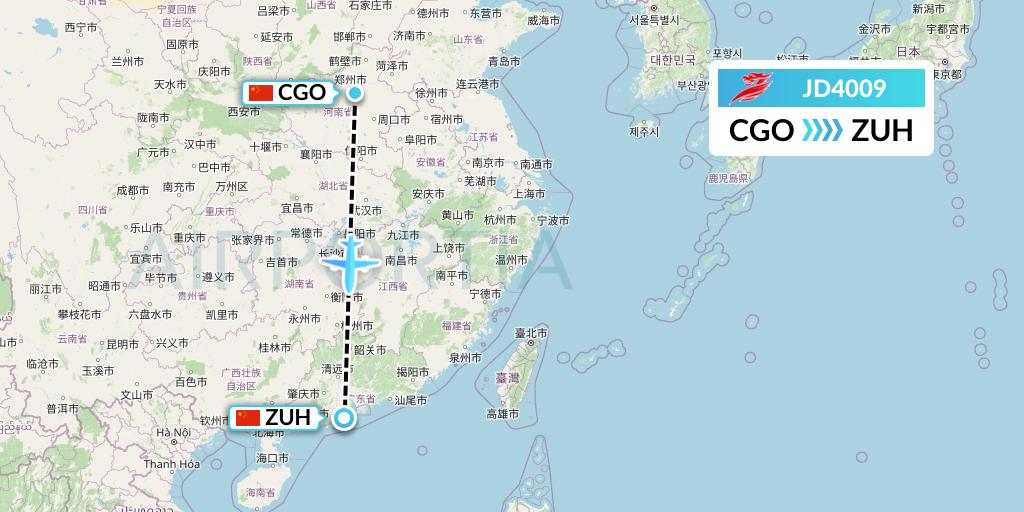 JD4009 Capital Airlines Flight Map: Zhengzhou to Zhuhai
