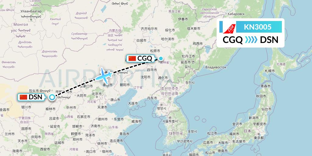 KN3005 China United Airlines Flight Map: Changchun to Dongsheng