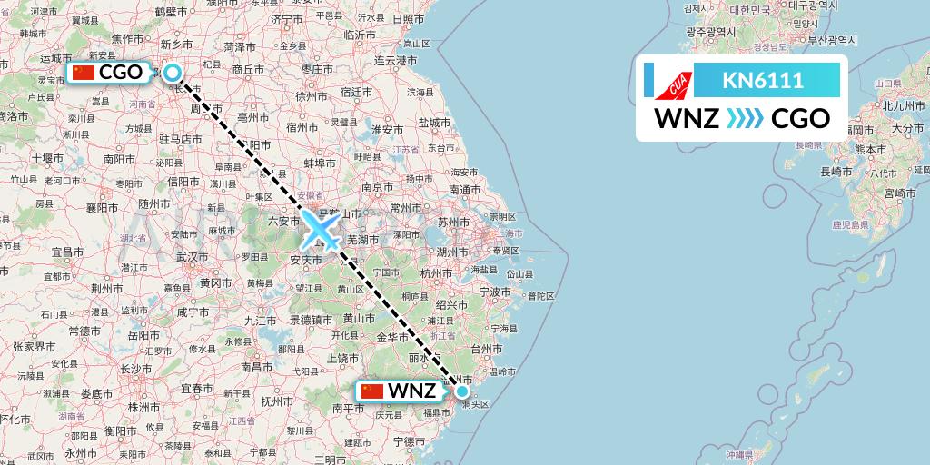KN6111 China United Airlines Flight Map: Wenzhou to Zhengzhou