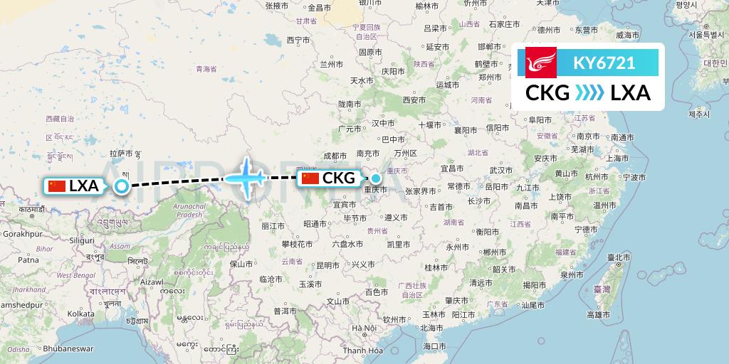 KY6721 Kunming Airlines Flight Map: Chongqing to Lhasa
