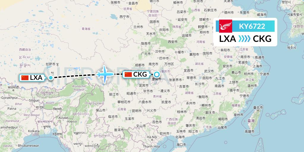KY6722 Kunming Airlines Flight Map: Lhasa to Chongqing