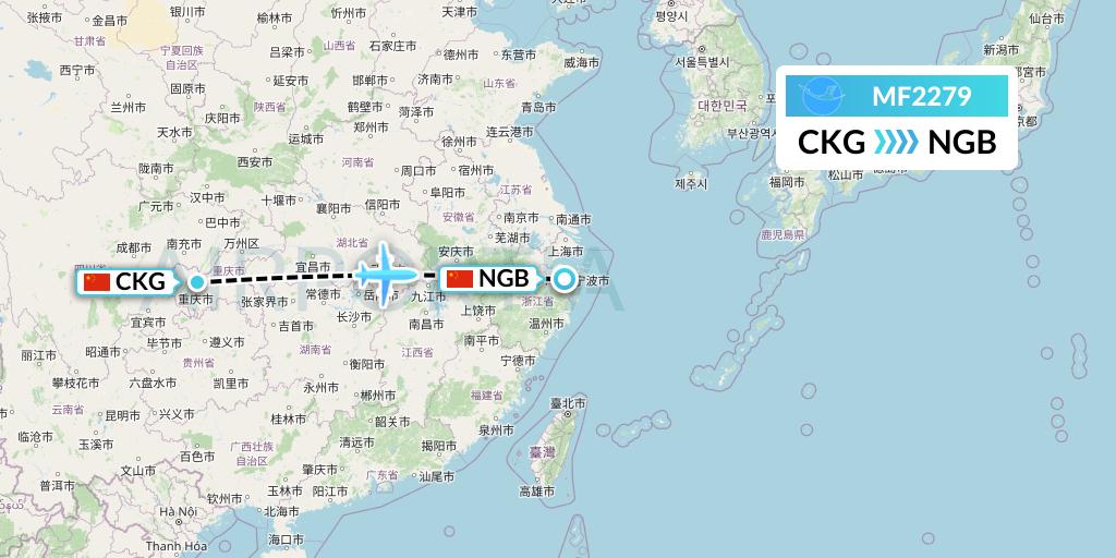 MF2279 Xiamen Airlines Flight Map: Chongqing to Ningbo