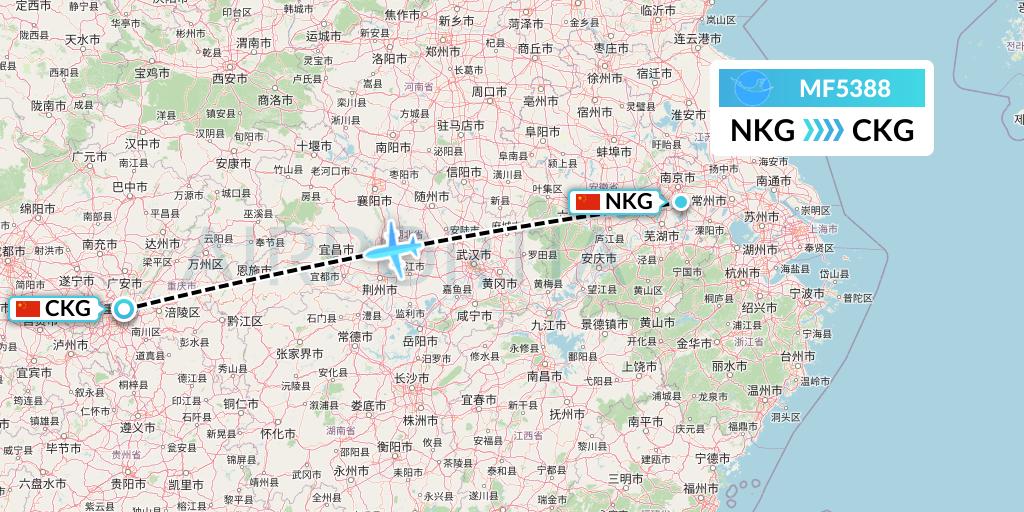 MF5388 Xiamen Airlines Flight Map: Nanjing to Chongqing