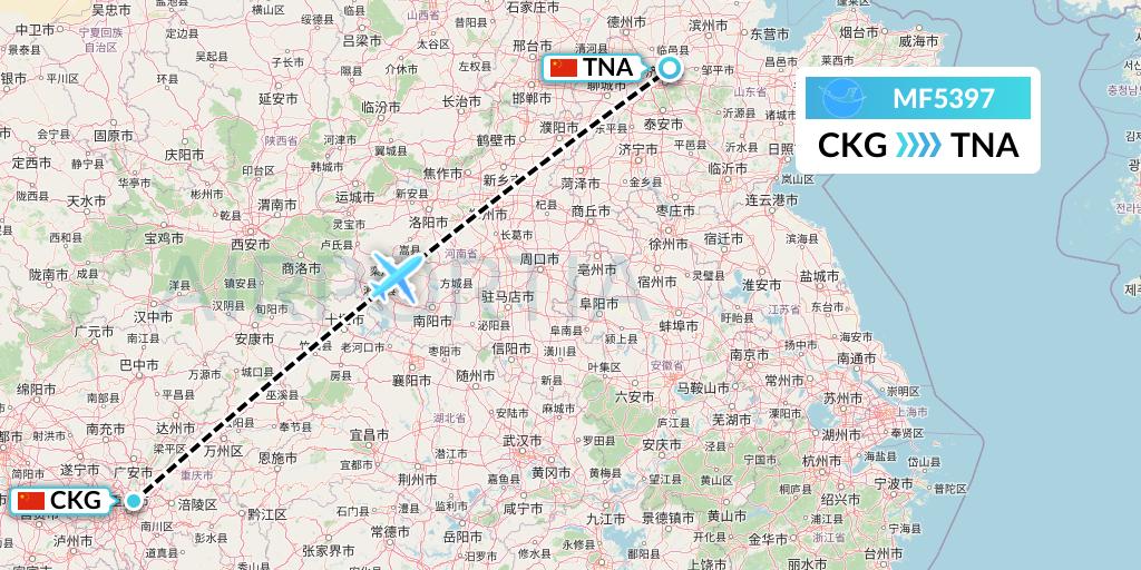 MF5397 Xiamen Airlines Flight Map: Chongqing to Jinan
