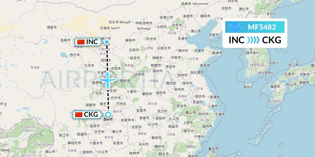 MF5482 Xiamen Airlines Flight Map: Yinchuan to Chongqing