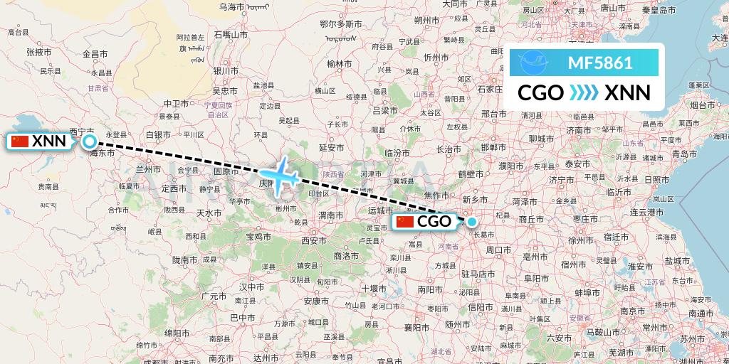 MF5861 Xiamen Airlines Flight Map: Zhengzhou to Xining
