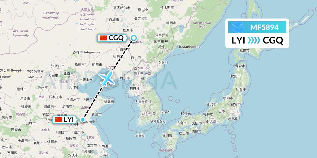 MF5894 Xiamen Airlines Flight Map: Linyi to Changchun