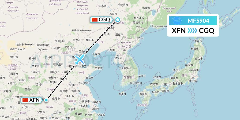 MF5904 Xiamen Airlines Flight Map: Xiangyang to Changchun