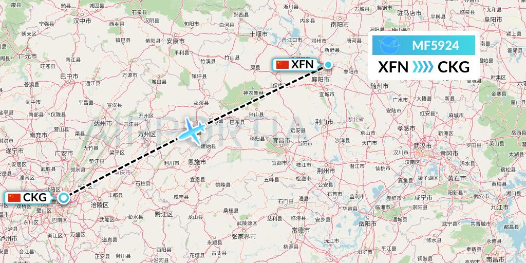 MF5924 Xiamen Airlines Flight Map: Xiangyang to Chongqing