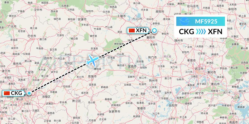 MF5925 Xiamen Airlines Flight Map: Chongqing to Xiangyang