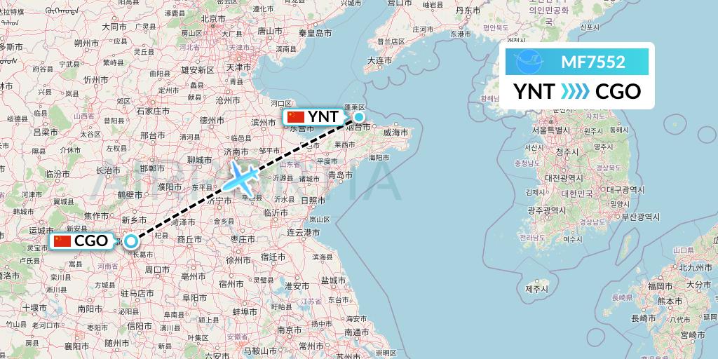 MF7552 Xiamen Airlines Flight Map: Yantai to Zhengzhou