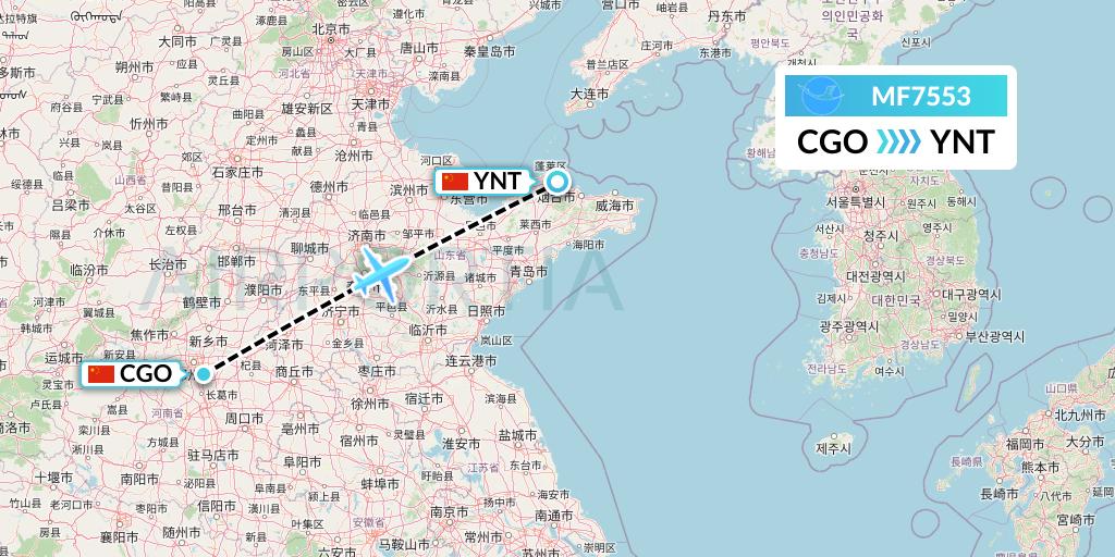 MF7553 Xiamen Airlines Flight Map: Zhengzhou to Yantai