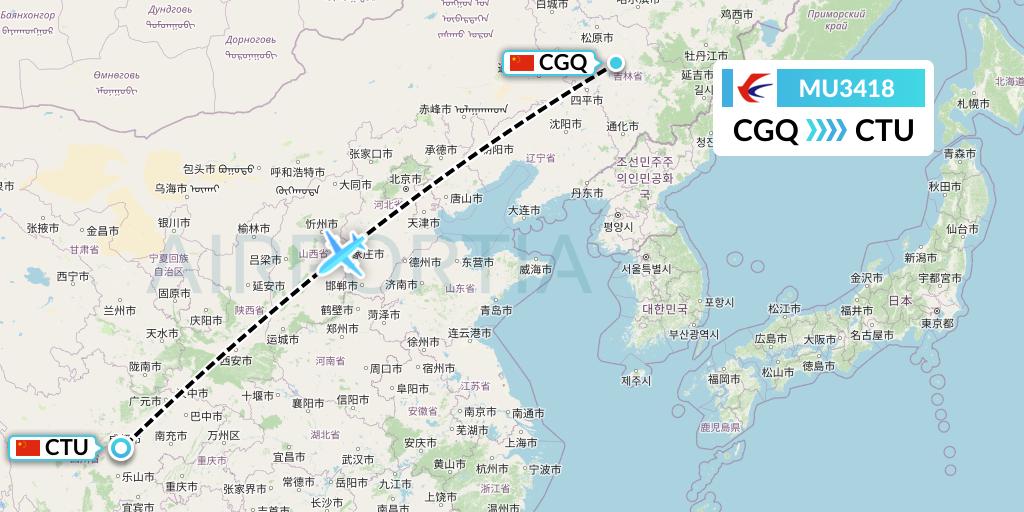 MU3418 China Eastern Airlines Flight Map: Changchun to Chengdu