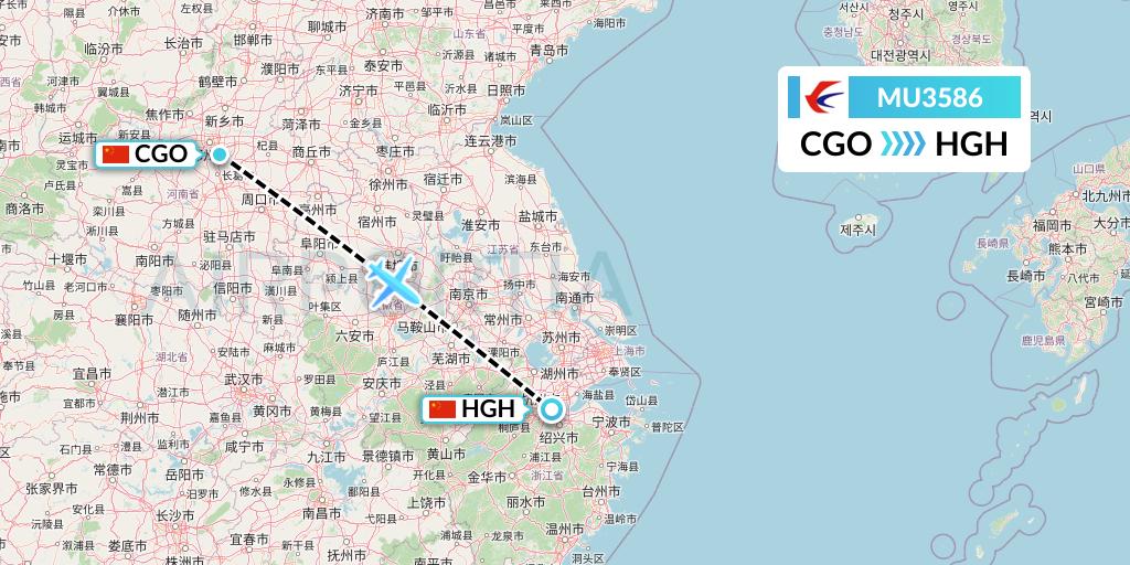 MU3586 China Eastern Airlines Flight Map: Zhengzhou to Hangzhou