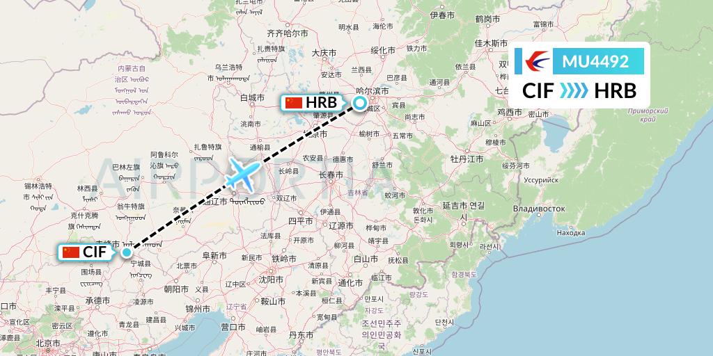 MU4492 China Eastern Airlines Flight Map: Chifeng to Harbin