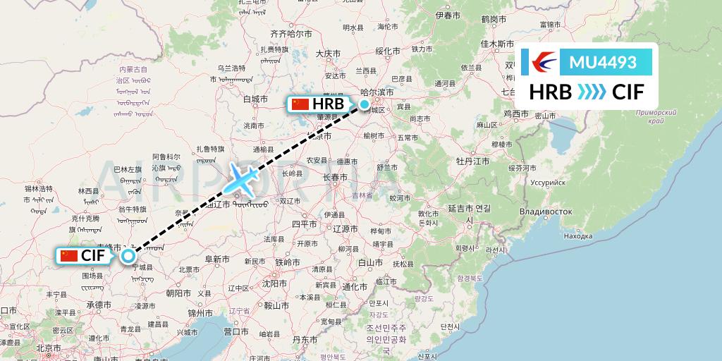 MU4493 China Eastern Airlines Flight Map: Harbin to Chifeng