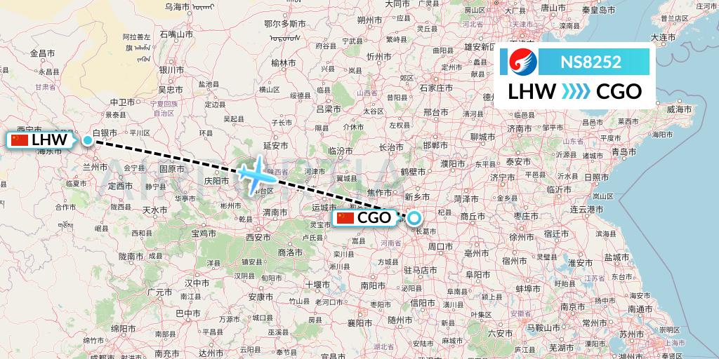 NS8252 Hebei Airlines Flight Map: Lanzhou to Zhengzhou