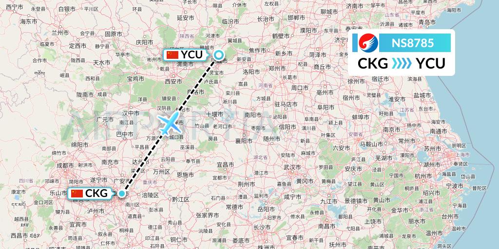 NS8785 Hebei Airlines Flight Map: Chongqing to Yuncheng