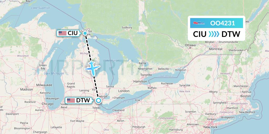 OO4231 SkyWest Airlines Flight Map: Sault Sainte Marie to Detroit