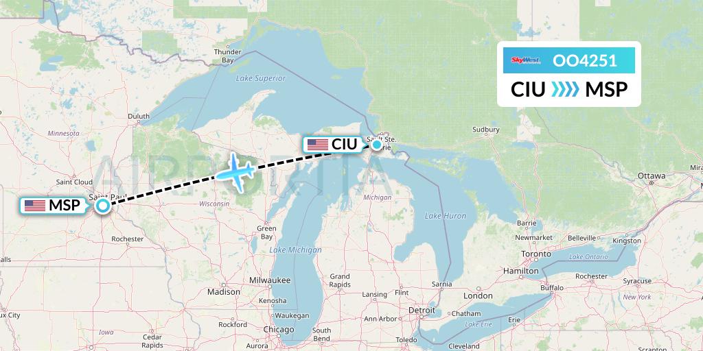 OO4251 SkyWest Airlines Flight Map: Sault Sainte Marie to Minneapolis