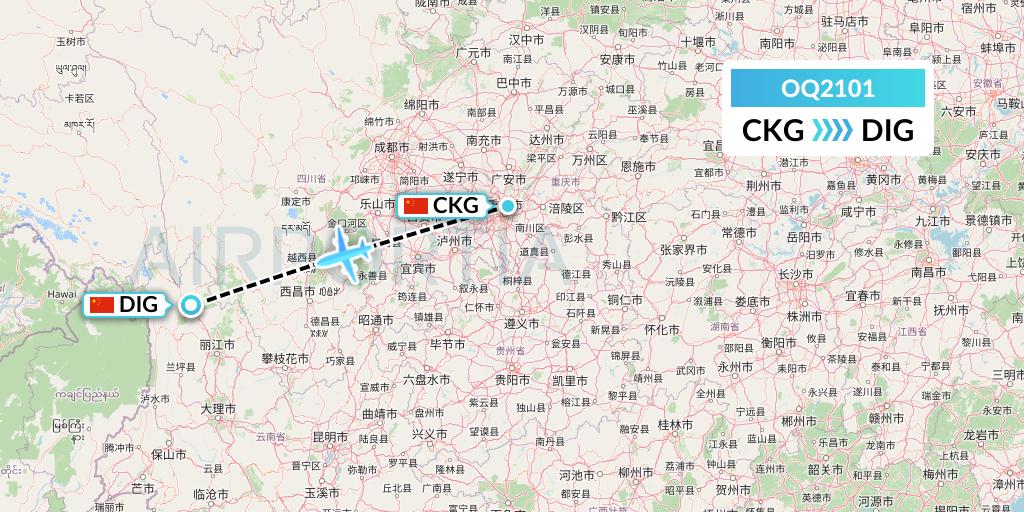 OQ2101 Chongqing Airlines Flight Map: Chongqing to Shangri-La