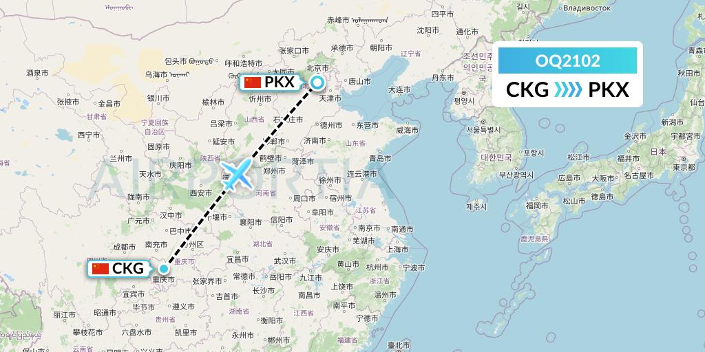 OQ2102 Chongqing Airlines Flight Map: Chongqing to Beijing