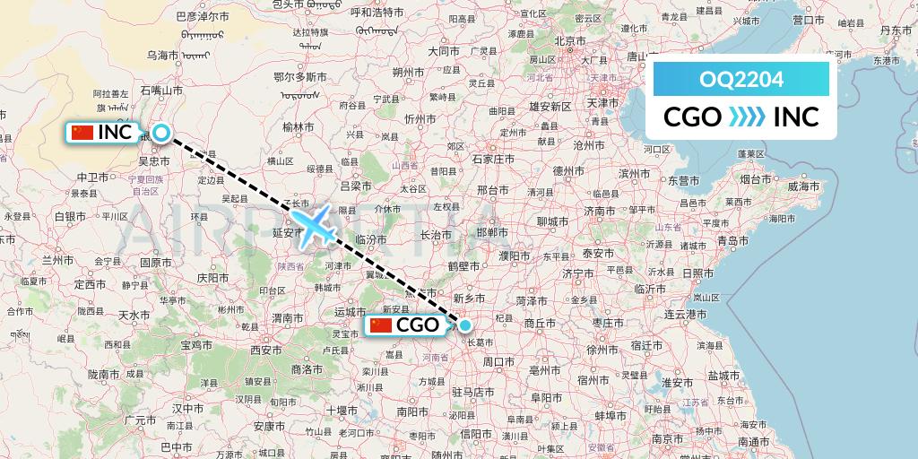 OQ2204 Chongqing Airlines Flight Map: Zhengzhou to Yinchuan