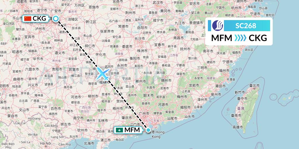 SC268 Shandong Airlines Flight Map: Macau to Chongqing
