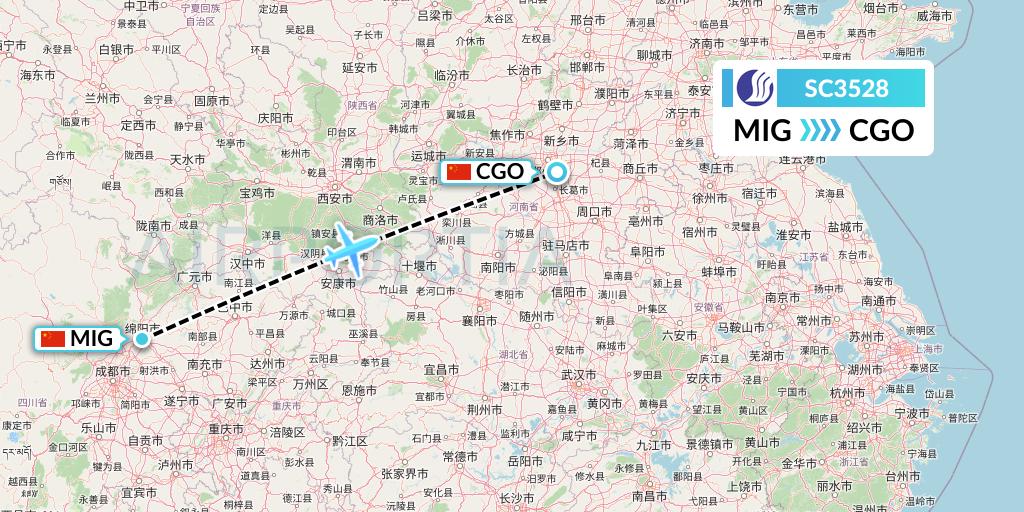 SC3528 Shandong Airlines Flight Map: Mianyang to Zhengzhou