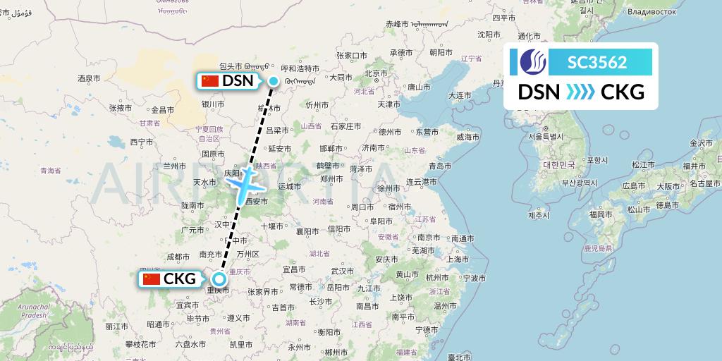 SC3562 Shandong Airlines Flight Map: Dongsheng to Chongqing