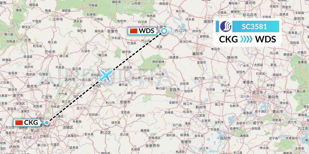 SC3581 Shandong Airlines Flight Map: Chongqing to Shiyan