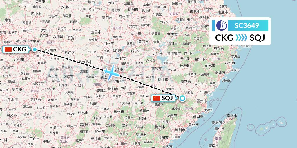 SC3649 Shandong Airlines Flight Map: Chongqing to Fuzhou