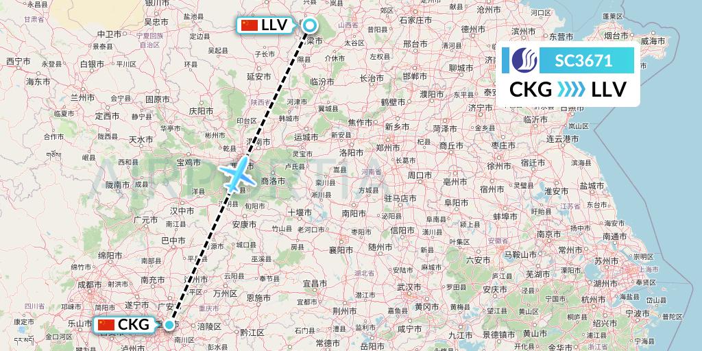 SC3671 Shandong Airlines Flight Map: Chongqing to Kunming